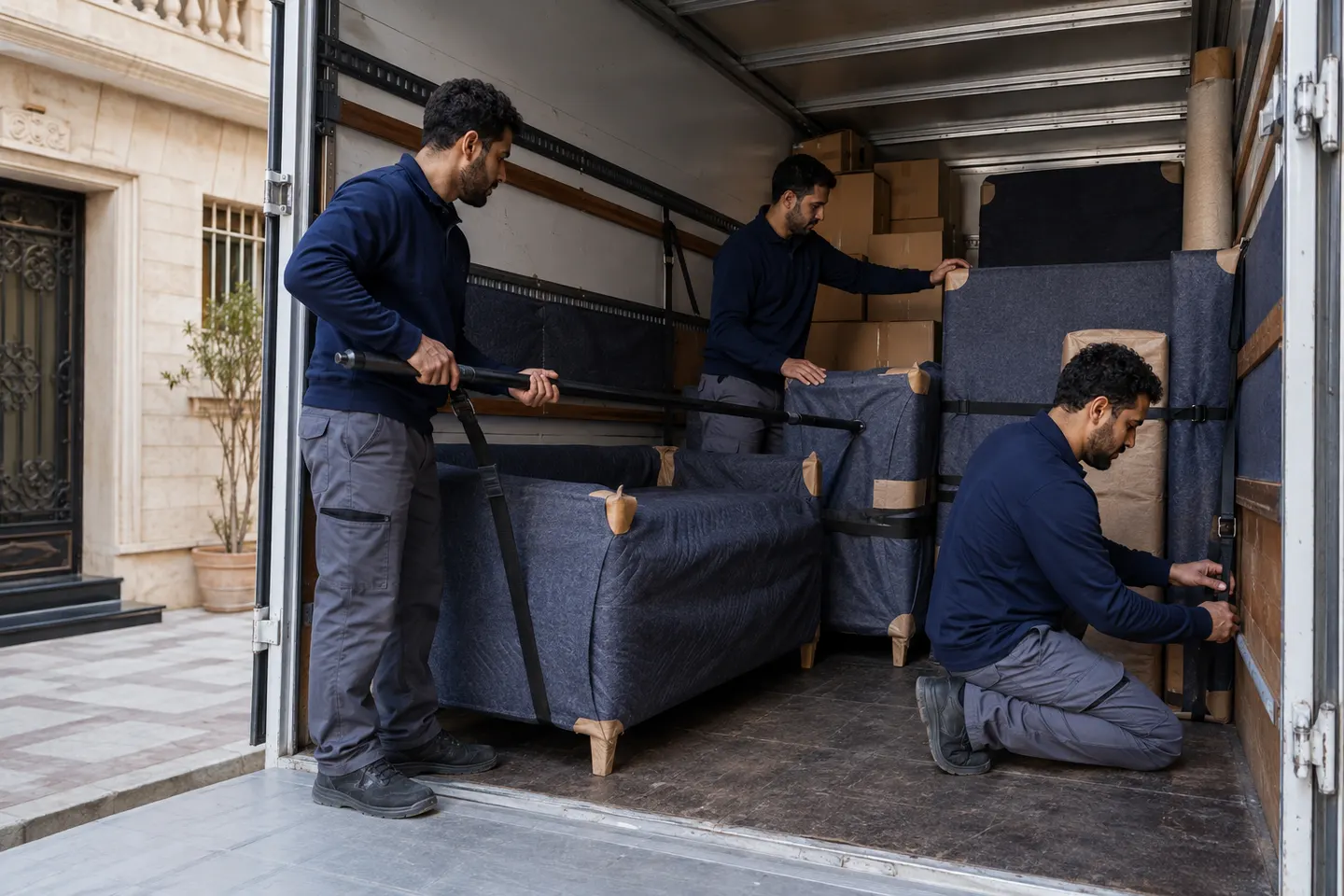 ترتيب الأثاث وتثبيته داخل سيارة نقل عفش في الإسكندرية
